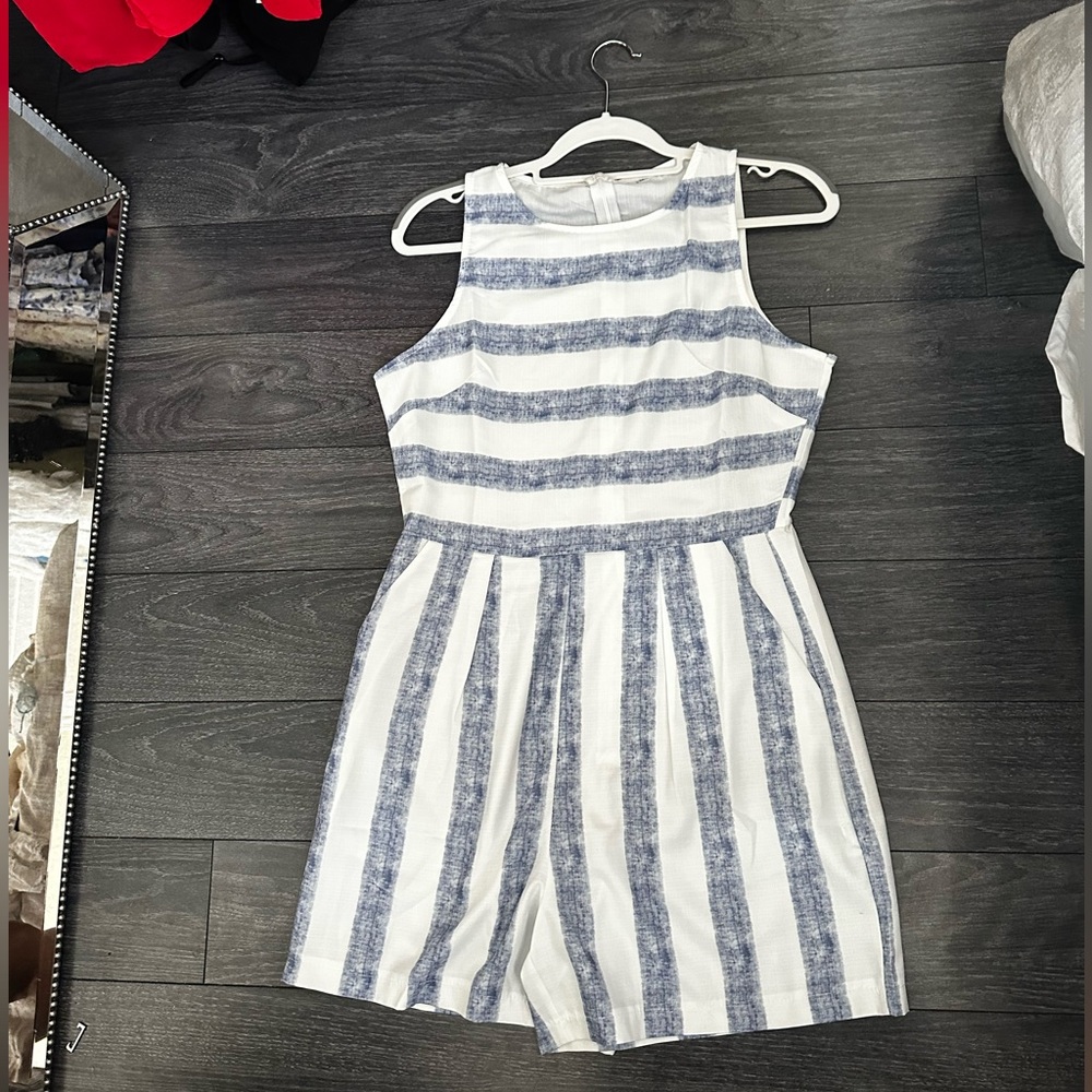 Blue and white striped romper medium